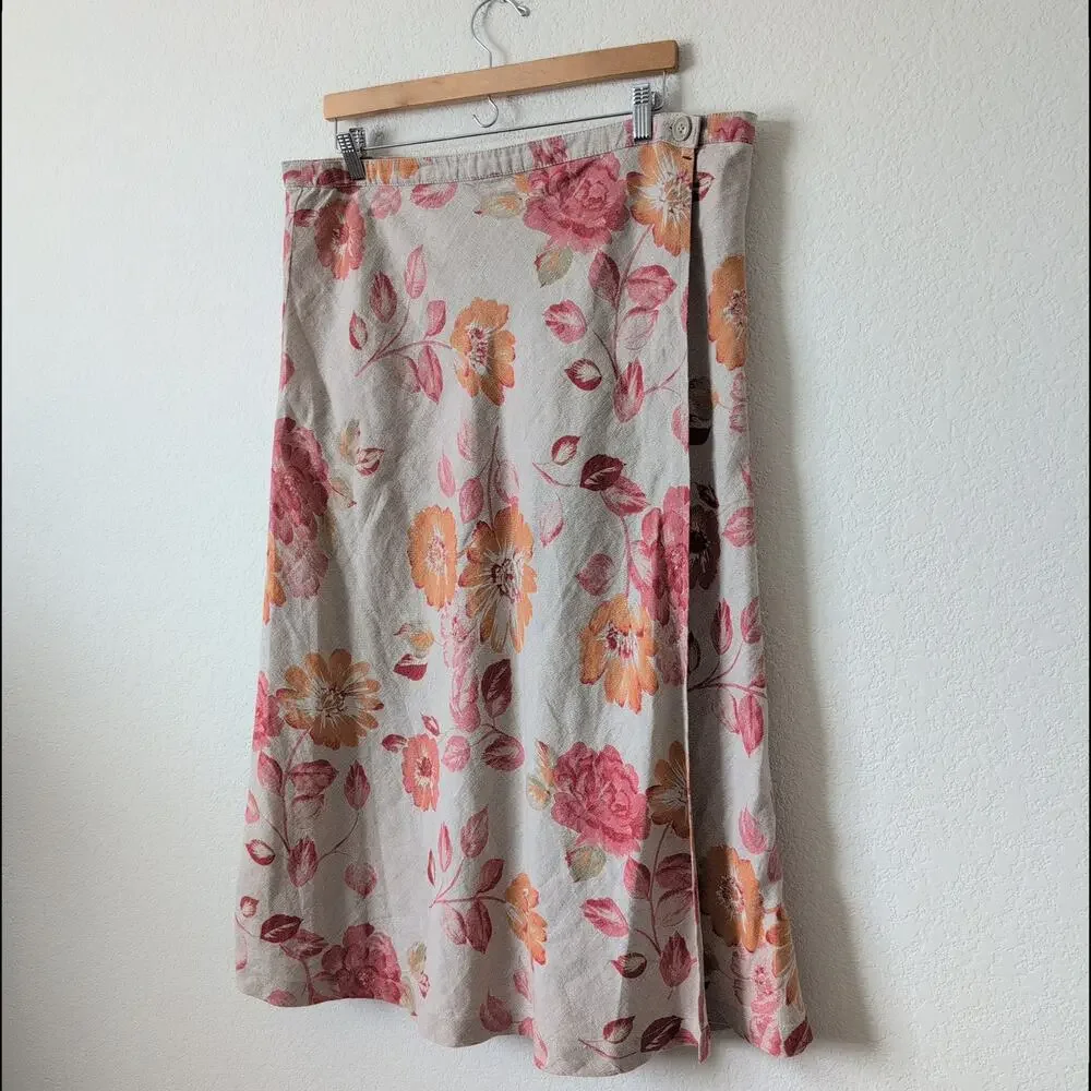 Vintage Eddie Bauer Linen‎ Wrap Skirt Womens 16 - Floral 90s Beige Pink Cottage